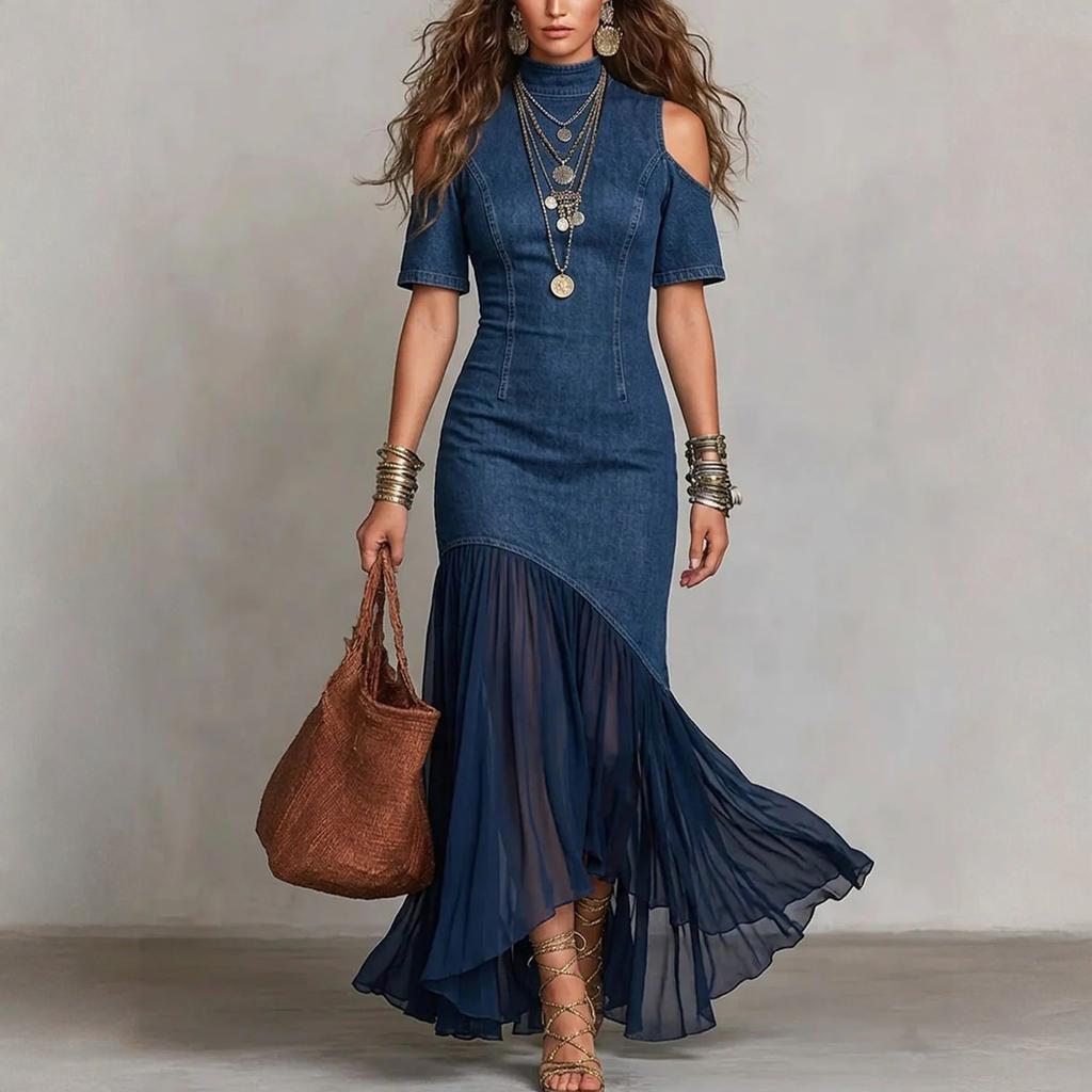 Women’s Denim Cold Shoulder Maxi Dress with Asymmetrical Pleated Mesh Hem and Fitted for Casual Wear