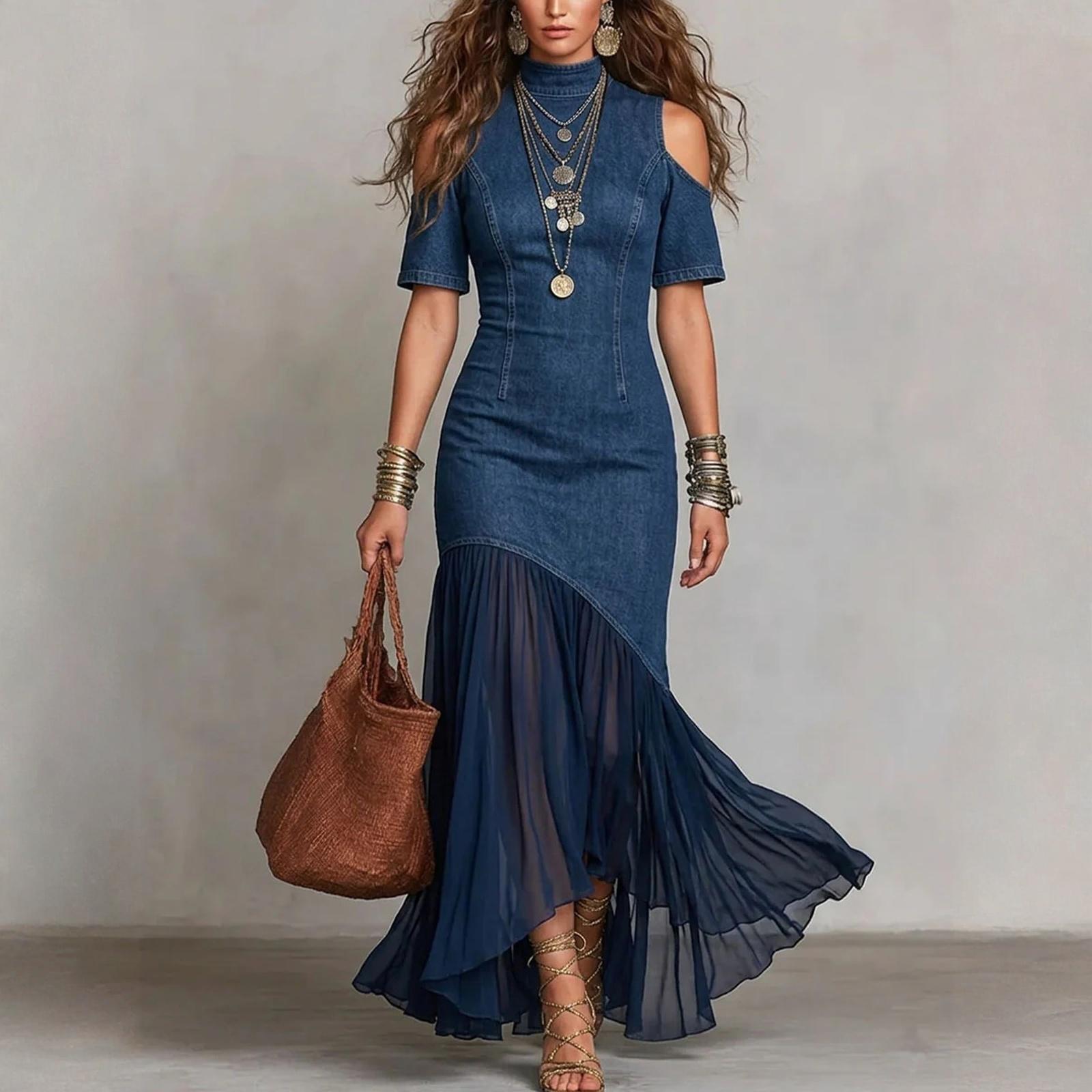

Ladies Casual And Fashionable Off Shoulder Short Sleeved Mesh Hem Dress L