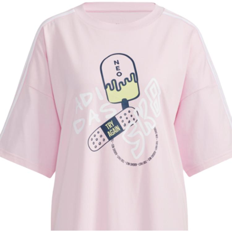 Adidas Neo Cartoon Print Loose-Fit Athletic T-Shirt Women Tops Pink H61997