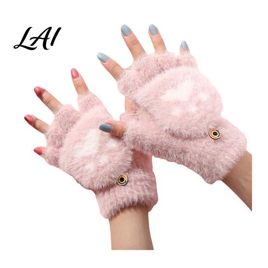 Convertible Mittens for Women Furry Cat Paw Thermal Gloves Flip Top Mitten with Button Women Winter Comfortable Indoor Outdoor Gloves Plush