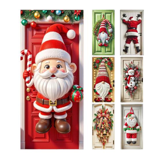 Christmas Door Cover Funny Santa Claus/Gnome/Snowman/Wreath Hanging Backdrop Door Banner 70" X 35" Winter Porch Sign for Home Yard Wall Decor