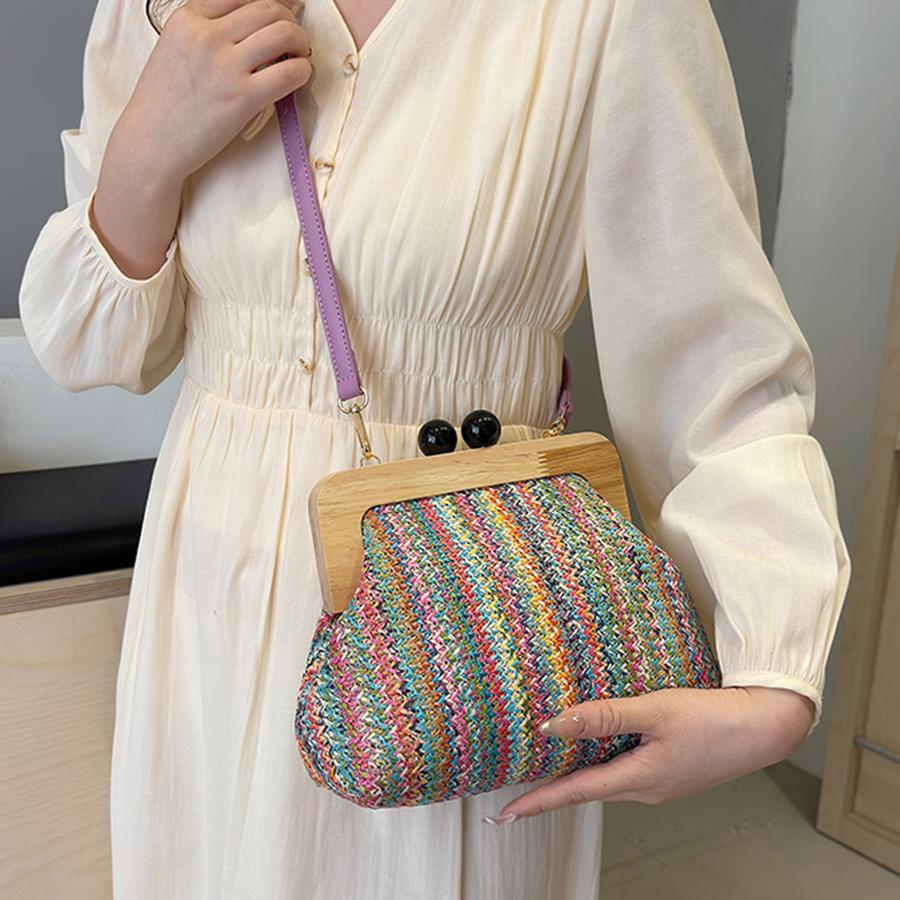 Summer Women's Shell Straw Handbag Striped Wooden Clip Bead Clutch Purse Fashi Colorful Single-shoulder Crossbody Bag Vacati