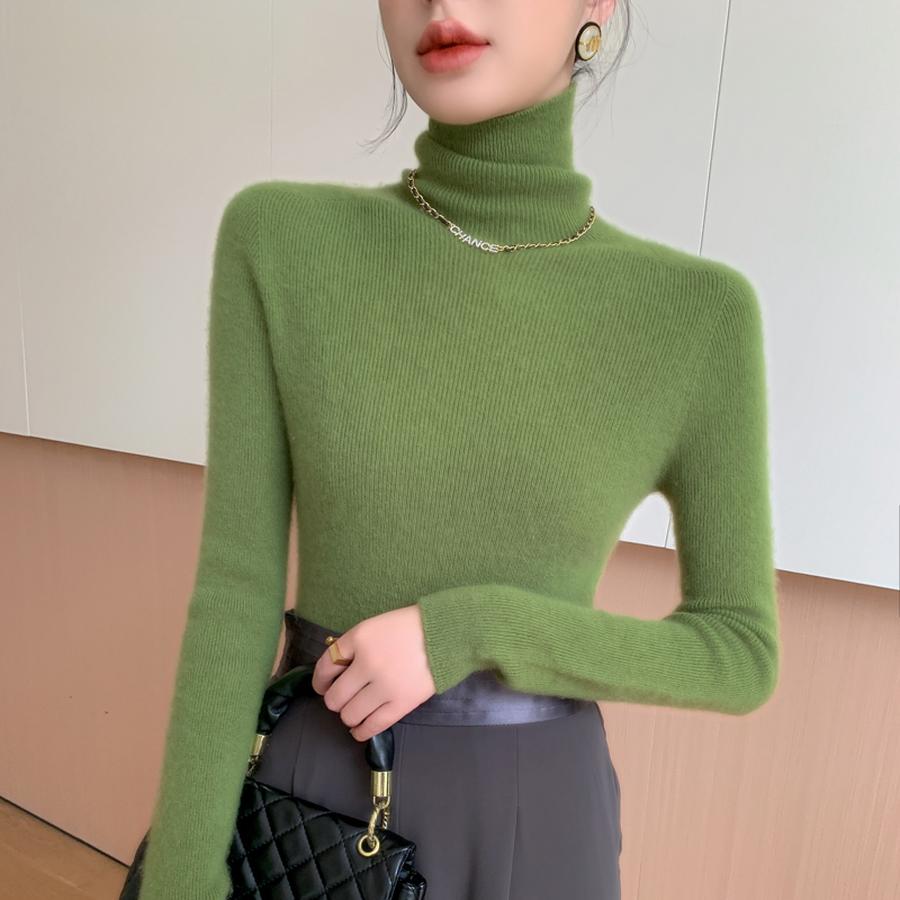 High Neck Cashmere Wool Sweater Women's Solid Color Drawstring Base Layer Slim Fit Thin Knit Pullover Autumn Winter Inner Wear
