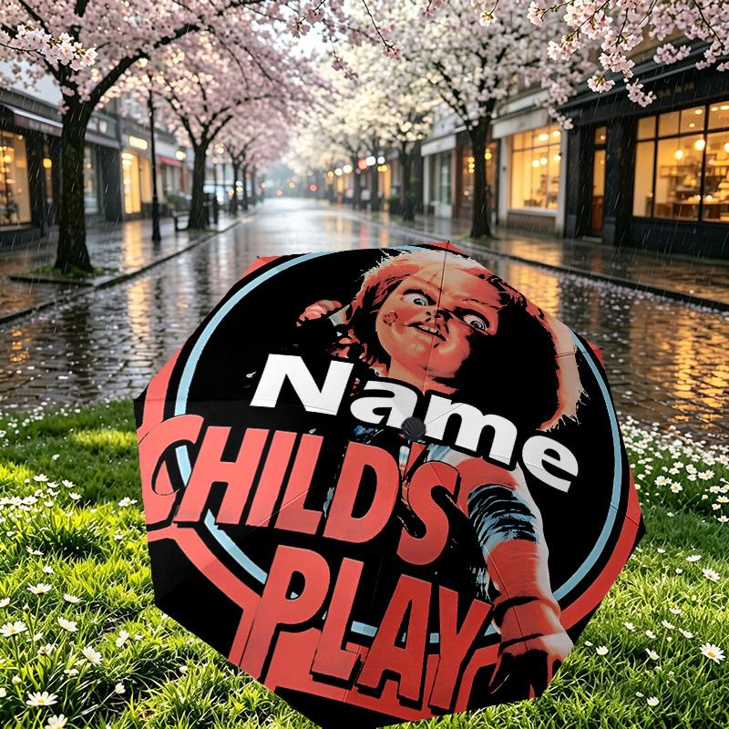 Custom Name Personalized Bride of Chucky Print Umbrella, Auto Open Close, 8‑Rib Sturdy Frame, Commute Camping Hiking Use, Birthday Gift