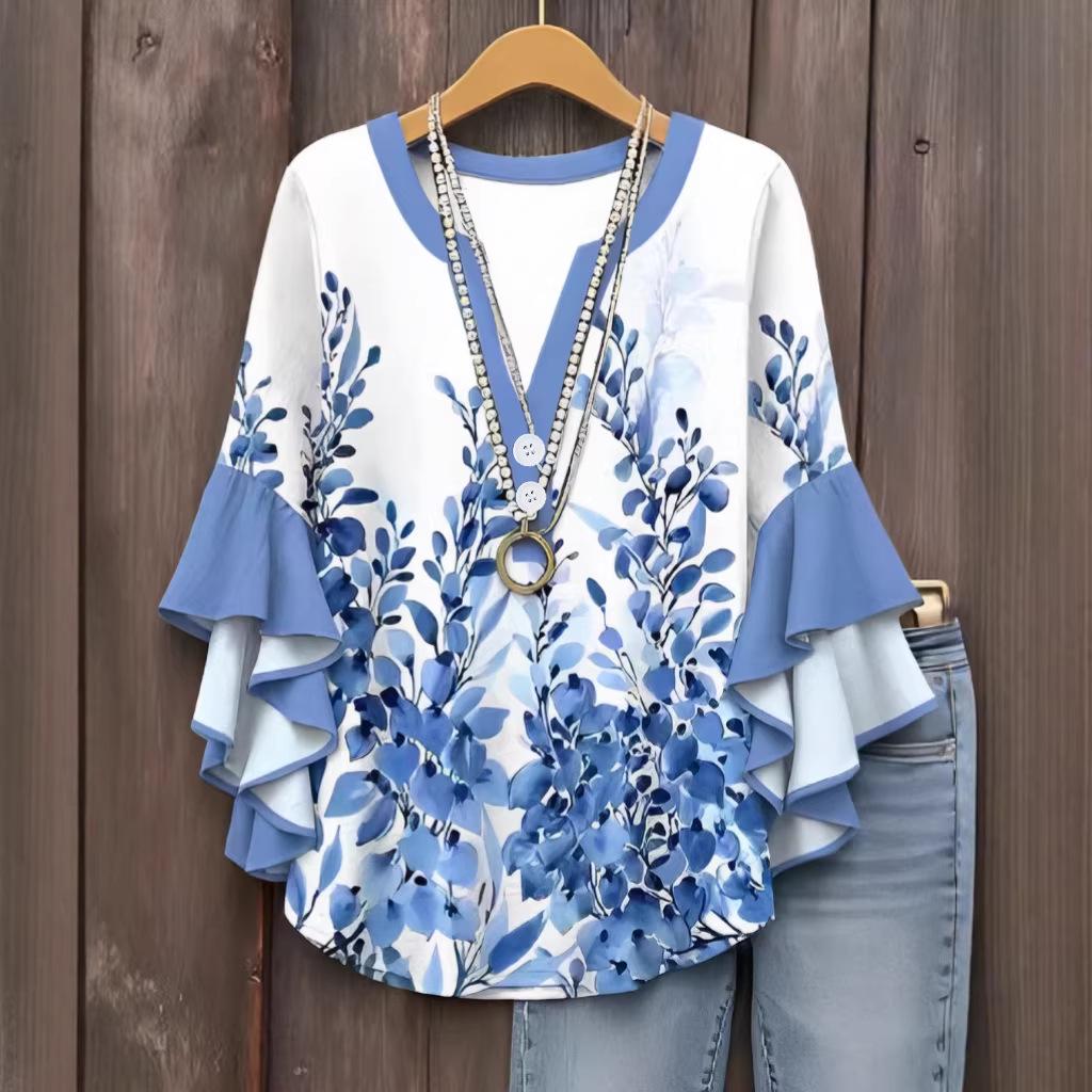 2026 European Floral Print V-neck Lace T-shirt for Women