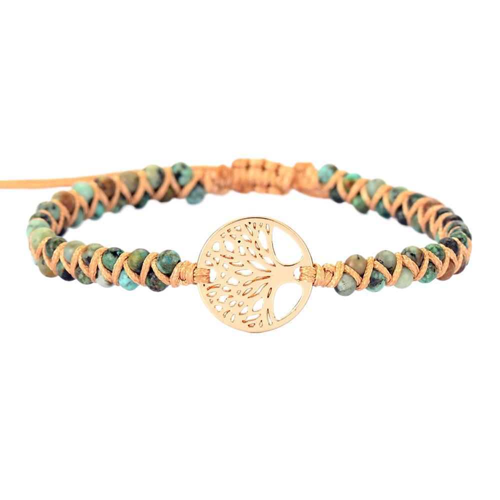 Double-Layer Braided Bracelet with Tree Charm & African Turquoise Beads