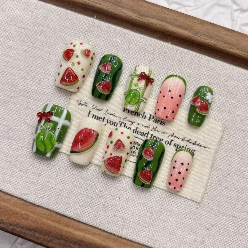 Handmade Press-On Nails Watermelon Cute Style Short Almond Shape Nail Art Women Girls Medium