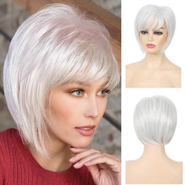 Women Straight Bangs Style Pixie Cut Synthetic Hair Wig Brown Mixed Short Wigs Machine Made