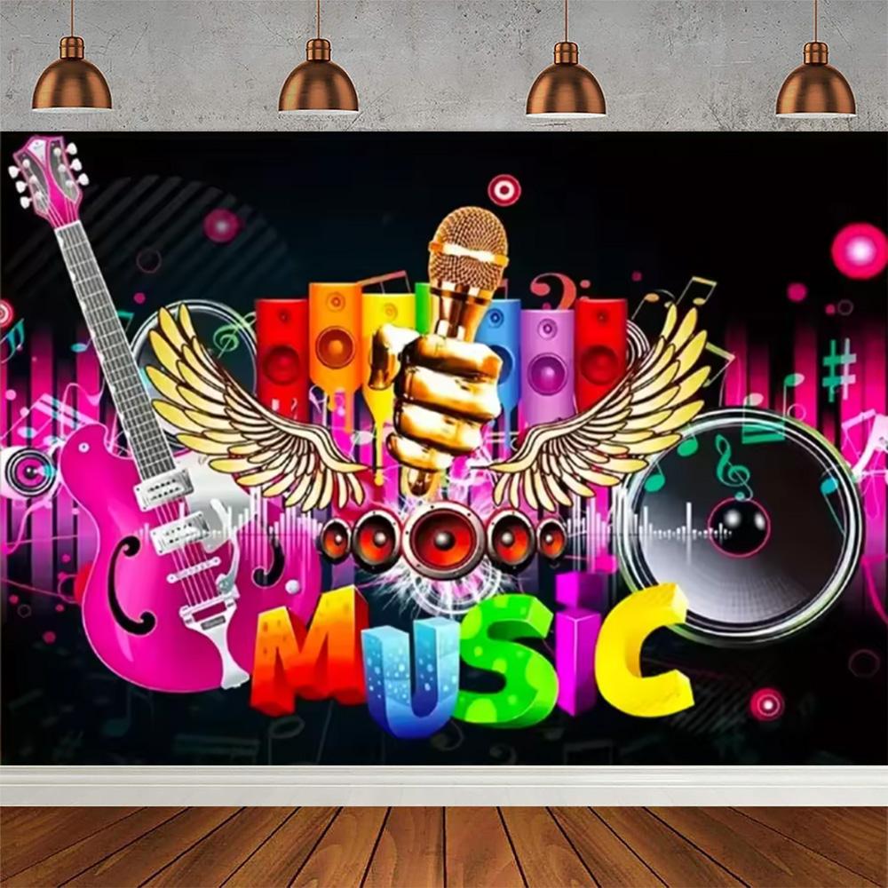 Rock Music Themed Birthday Party Decoration Shooting Background, Music Guitar Dance Notes Band Stage Banner Photography Backdrop