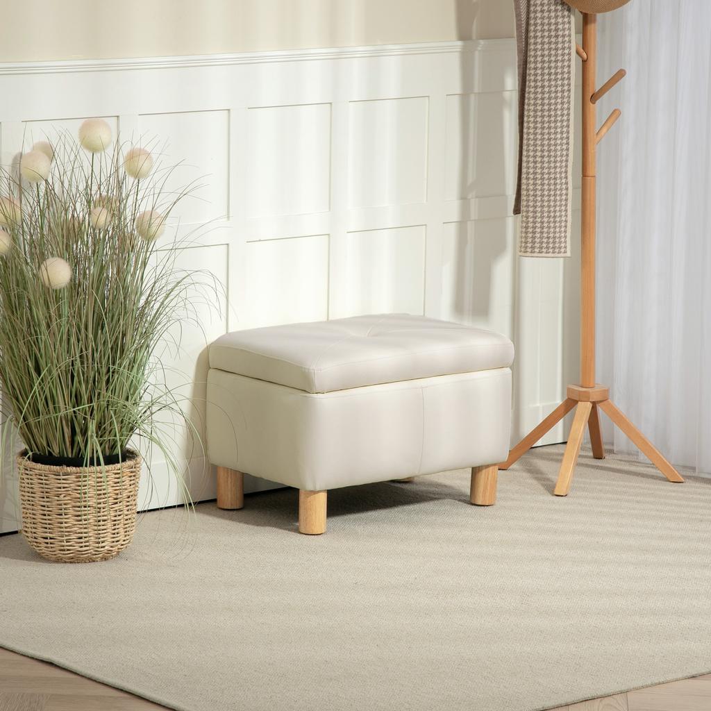 Storage Trunk For Bedroom 33L Upholstered In PU Storage Bench With Wooden Legs 60x38x40 Cm Cream