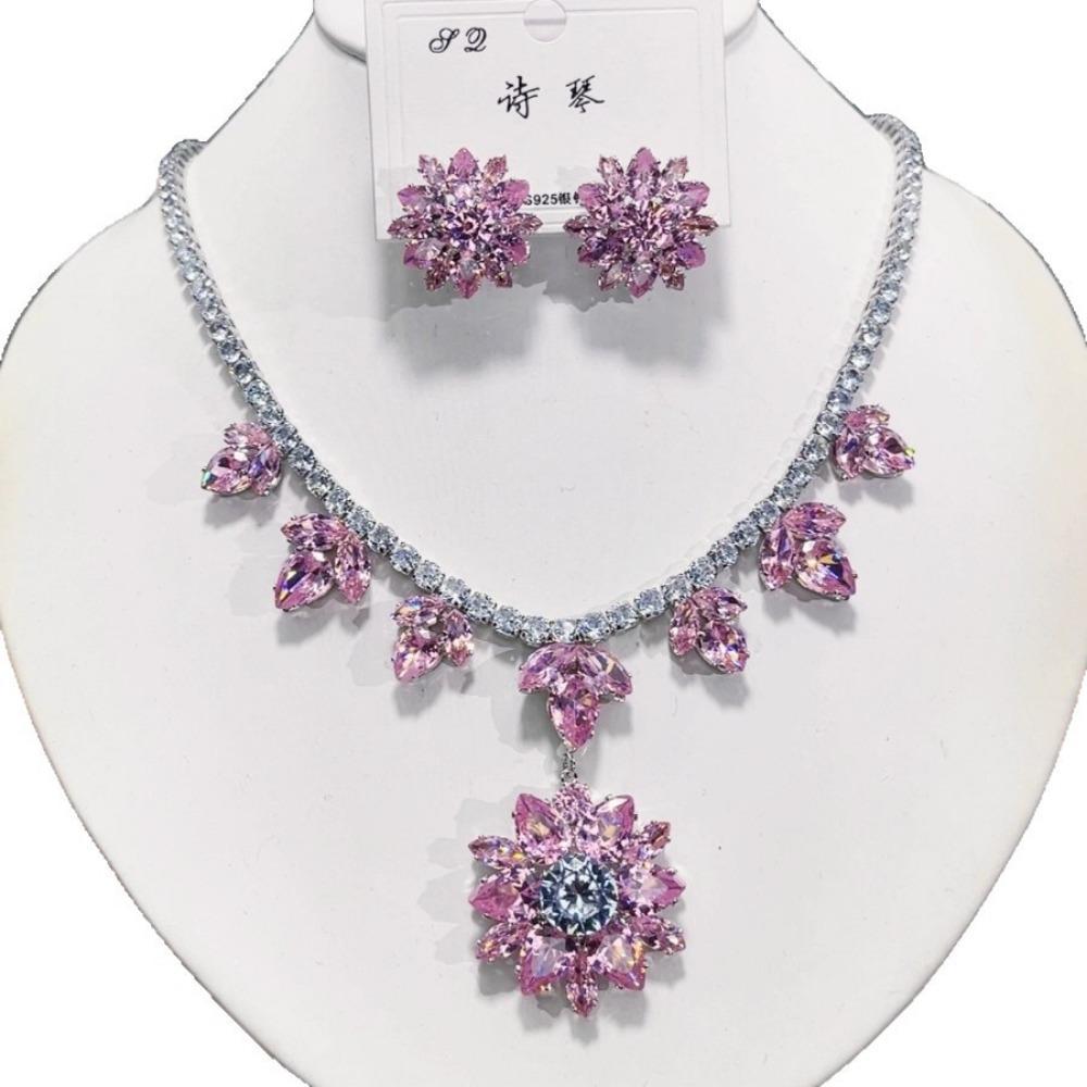 Pink Pendant Necklace Earrings For Women Engagement Trendy Crystal Jewelry Set Bridal Wedding Chokers Party Accessories Gifts
