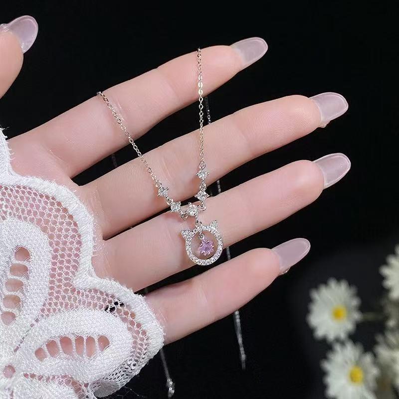 Pink Star Cat Necklace for Women: Nickel Silver with Gold Plating and Diamond Inlaid Pendant, Sweet Style High-Value Jewelry