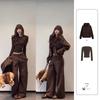 Womens Brown 3-Piece Casual Set: Oversized Hoodie Long Sleeve Top Straight Leg Pants Korean Style Loose Fit Cotton Blend All
