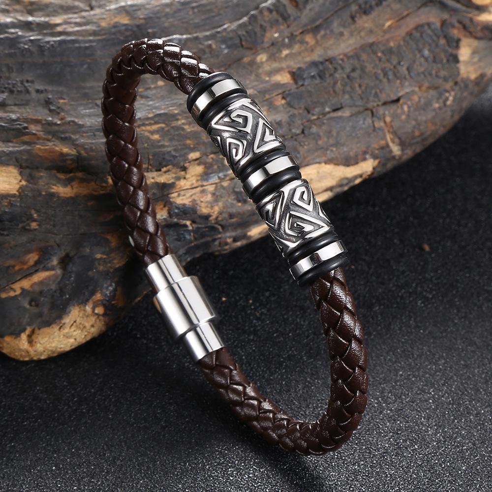 Best-Selling European & American Stainless Steel Leather Woven Bracelet - A Trendy Must-Have for Fashionistas Inner 205mm [Total length 236mm]