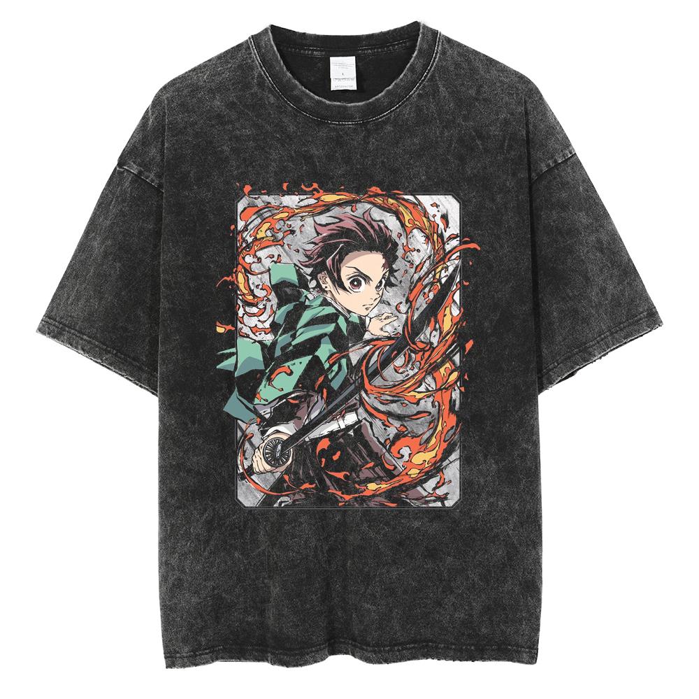 Anime Demon Slayer Kamado Tanjirou Printed T Shirt Men Women Washed Cotton Tshirts Manga Casual T-shirt Harajuku Male Tops