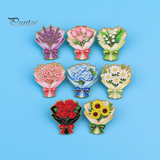Enamel Flower Pin Set Bouquet Brooch for Women, Romantic Jewelry, Durable Floral Zinc Alloy Lapel Coats Dresses And Scarves Gold Edge Aesthetic