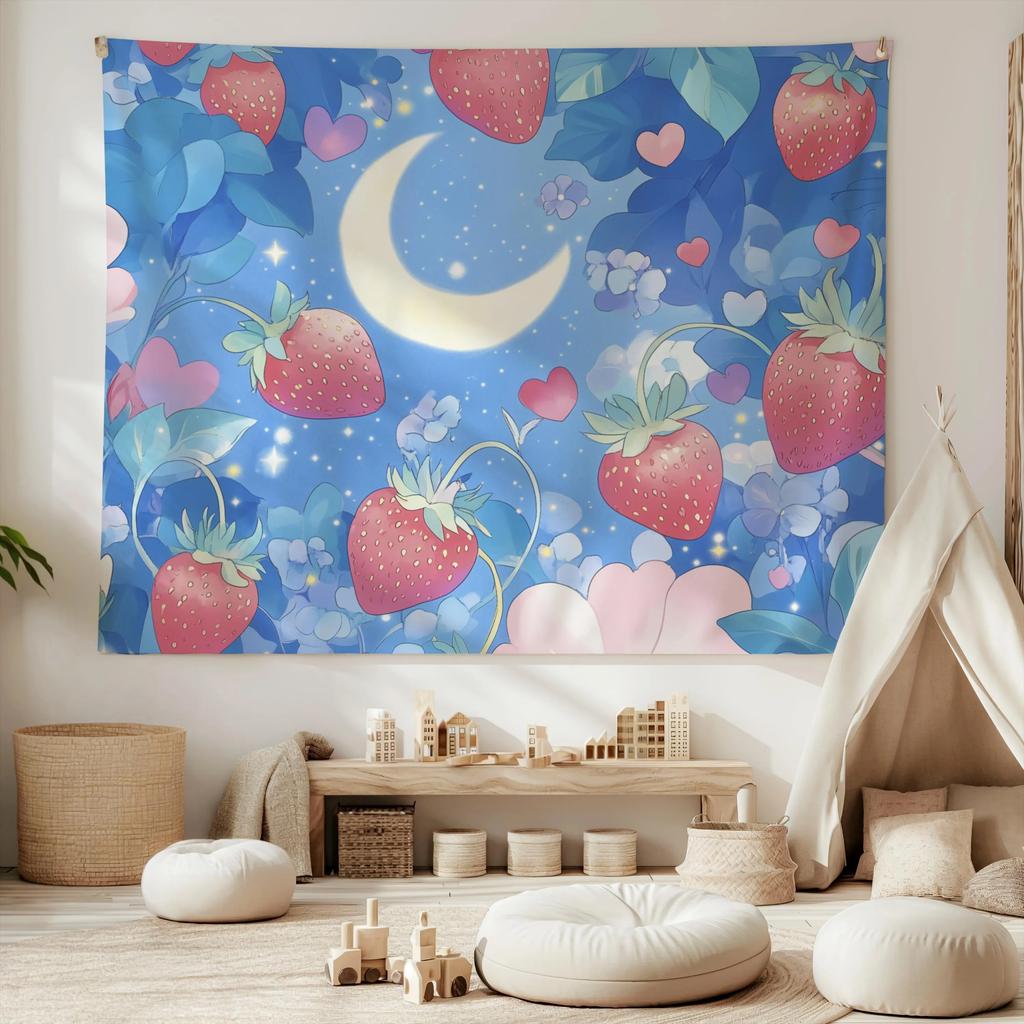 Dreamy Strawberry Moon Tapestry Girl Heart Background Cloth Ins Wind Atmosphere Decoration Room Decoration
