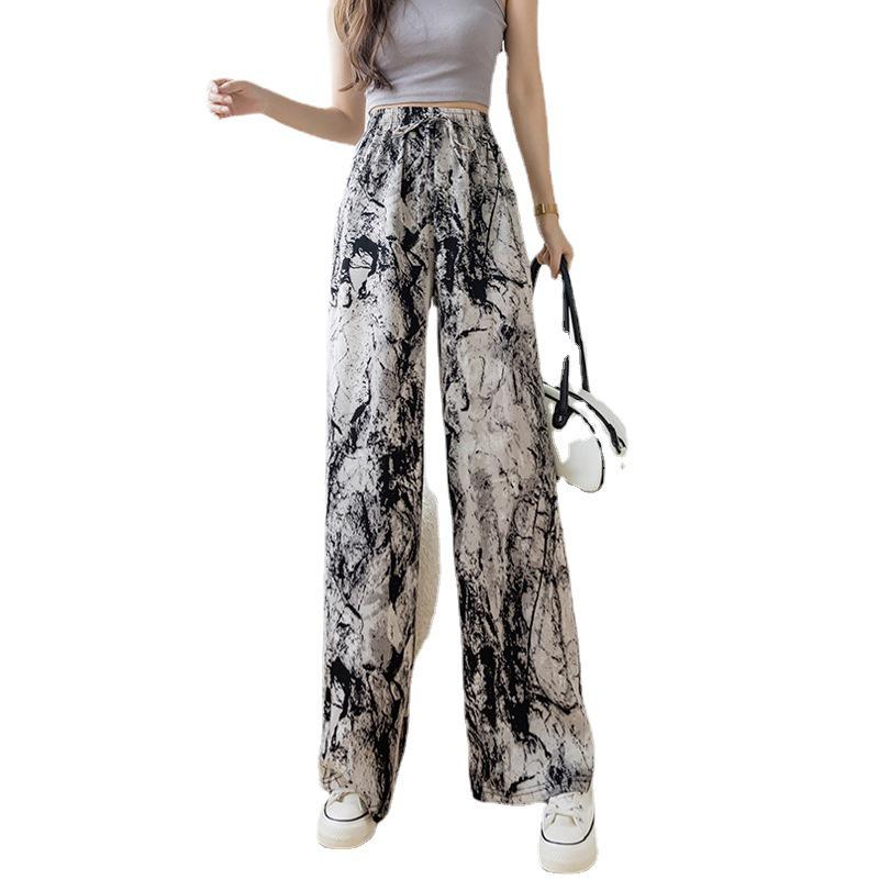 Women's Summer Ink Wash Tie-Dye Wide-Leg Ice Silk Pants