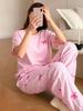 Conjunto de Pijama Rosa Primavera com Laço, Gola Redonda, Manga Curta para Mulheres, 2 Peças Calças Listradas com Laço, Roupa de Dormir Ultra Macia e Elástica