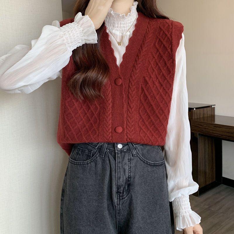 Damen Süßes Rautenmuster Gestrickte Weste Cardigan Mantel Einfarbig Spitze Pulloverweste Cardigan für Oberbekleidung