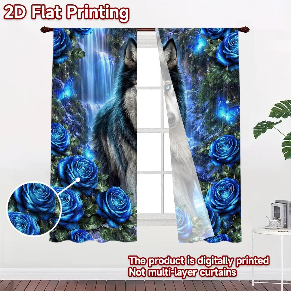 2D FLAT PRINTING 2pcs Curtains (Without Rod) Mystical Wolf and Blue Roses Modern Contemporary Curtains Prints Light Filtering