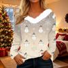 Women's Casual Plush Collar Long Sleeve Christmas Print V Neck Top for Holiday Winter Wear