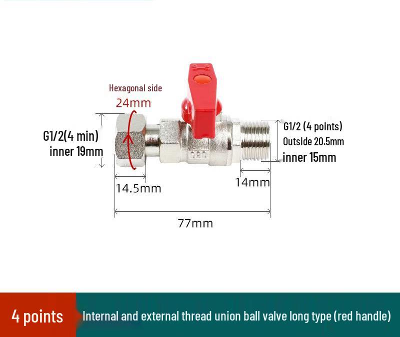 4-6 Point Copper DN15 Union Ball Valve, Thickened, Internal/External Thread, Straight-Through, for Hot/Cold Water Systems