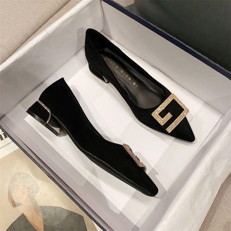2025 spring and autumn new pointed tip shallow mouth single shoes women's season thick heel rhinestone metal buckle versatile soft leather flat 
