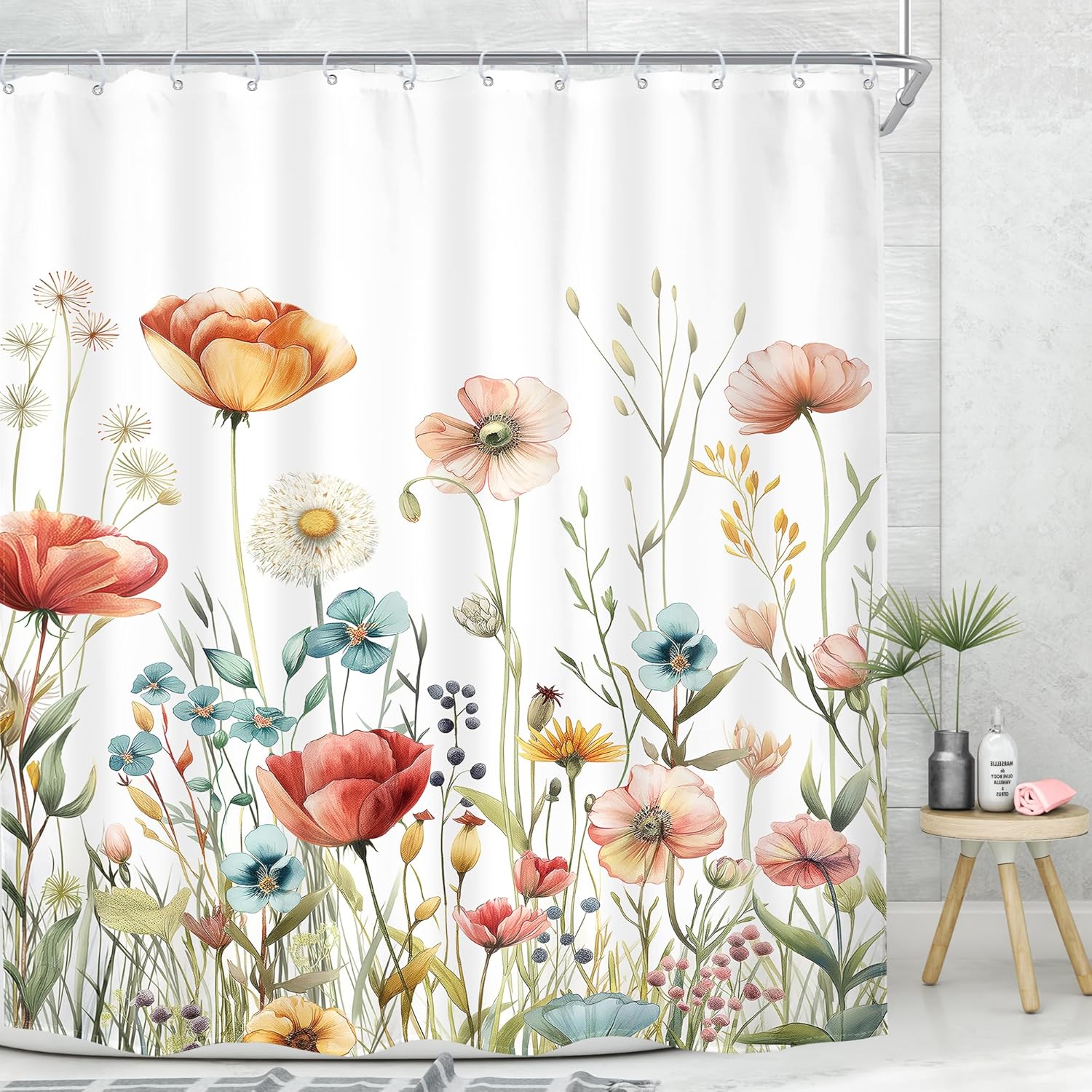 

Embroidered Floral Shower Curtain Colorful Spring Flower Butterfly Botanical Leaf Beautiful Boho Bathroom Curtain For Girlswomen 90x180CM