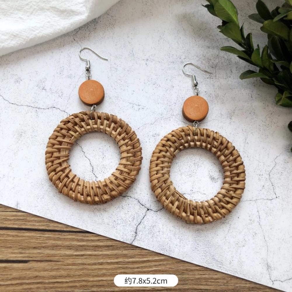 Vintage Mori Grass and Rattan Woven Handmade Earrings Bohemian Vacation Style Stud Earrings Female Ethnic Style Summer Ear Jewelry
