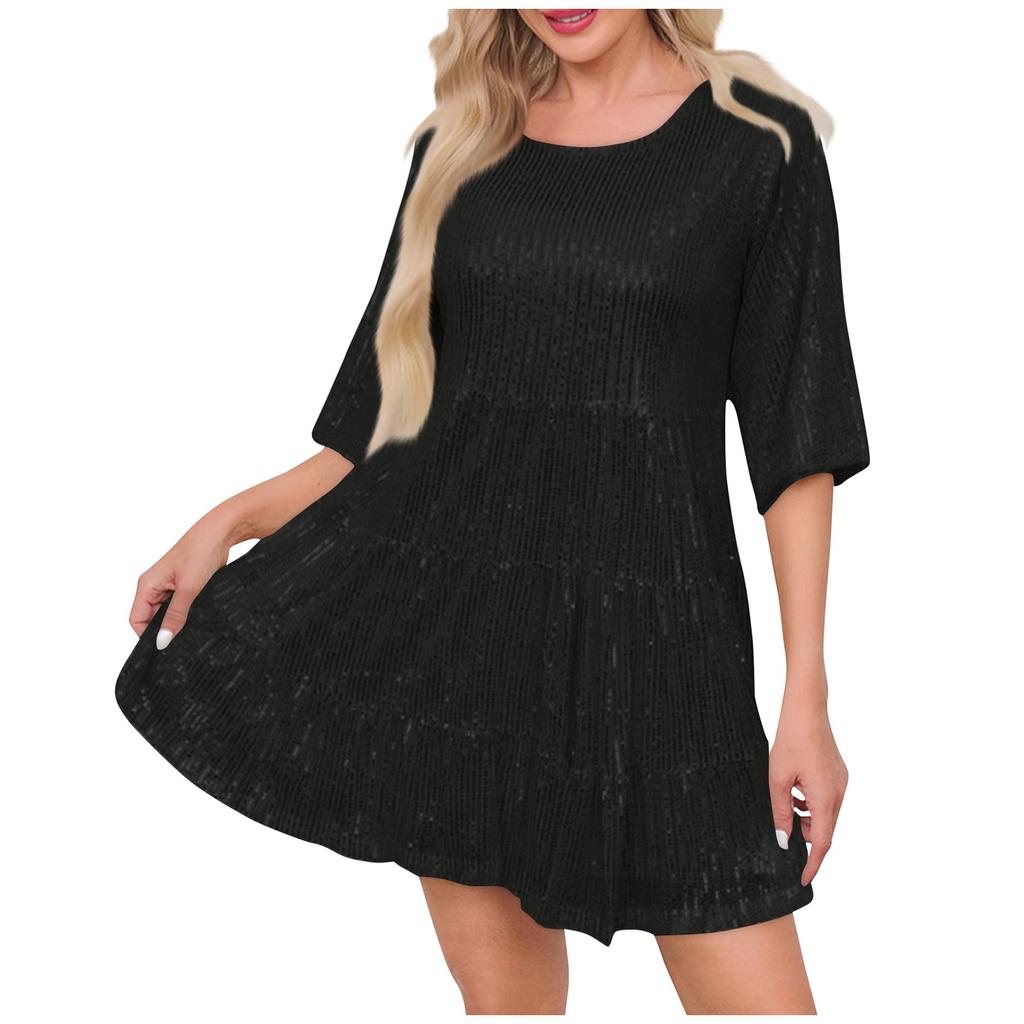Ladies Fashion Color Loose Waist Short Sleeve Skirt Dress Party Sequin Dress