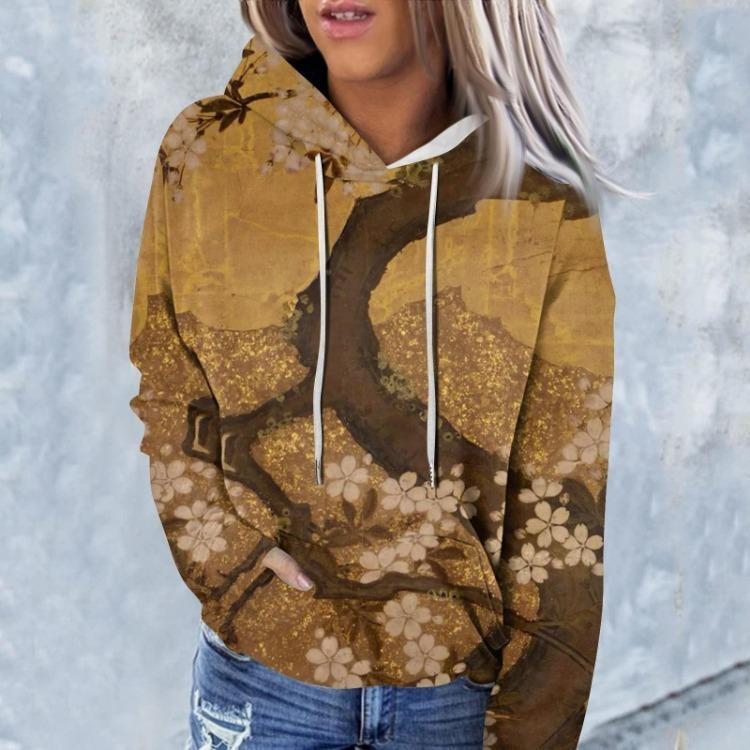 

Женский повседневный свитшот с капюшоном с цветочным принтом, модный топ с длинным рукавом S верблюд