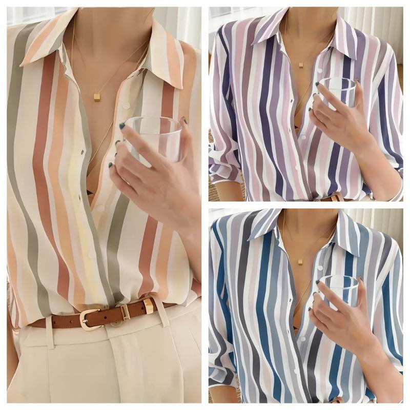 

New Rainbow Pattern Chiffon Shirt Fashion Casual Striped Long Sleeve Shirt S