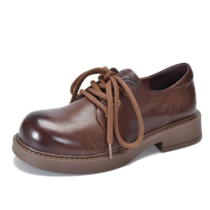 Johnature Low Heel Pumps Genuine Leather Lace-up Versatile Retro British Style Round Toe Women's Shoes