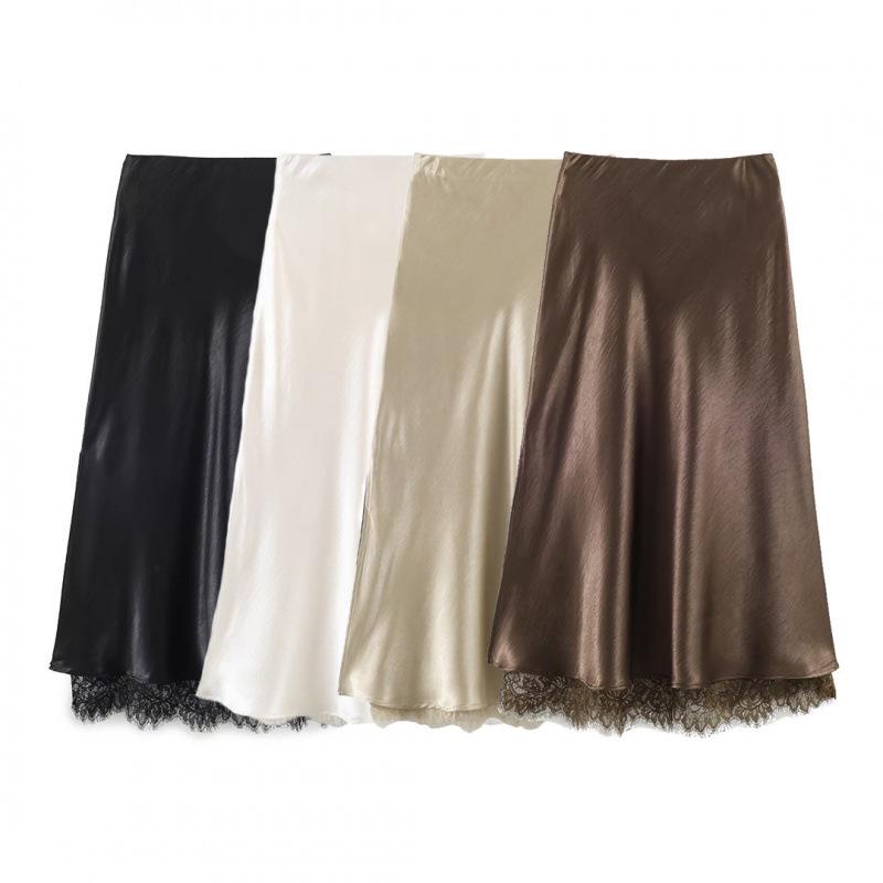 2026 European American Satin Lace Patchwork Slit Skirt