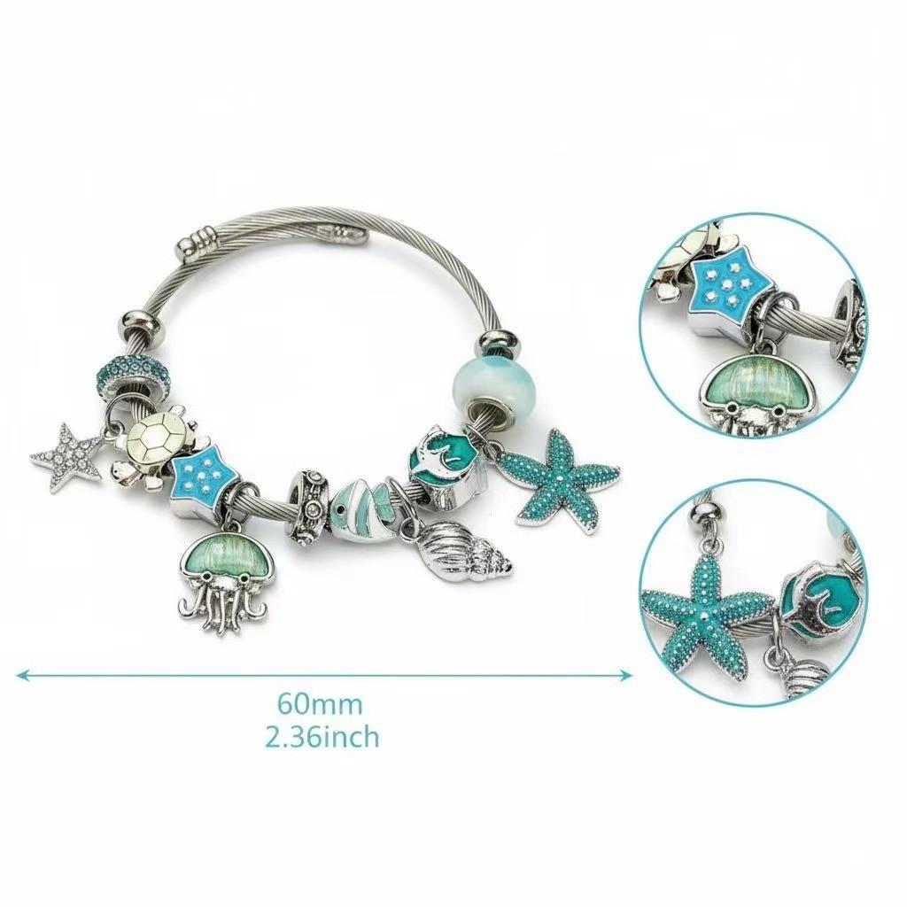 Ocean Theme Stainless Steel Beaded Bracelet With Starfish Sea Creatures For Women Summer Jewelry