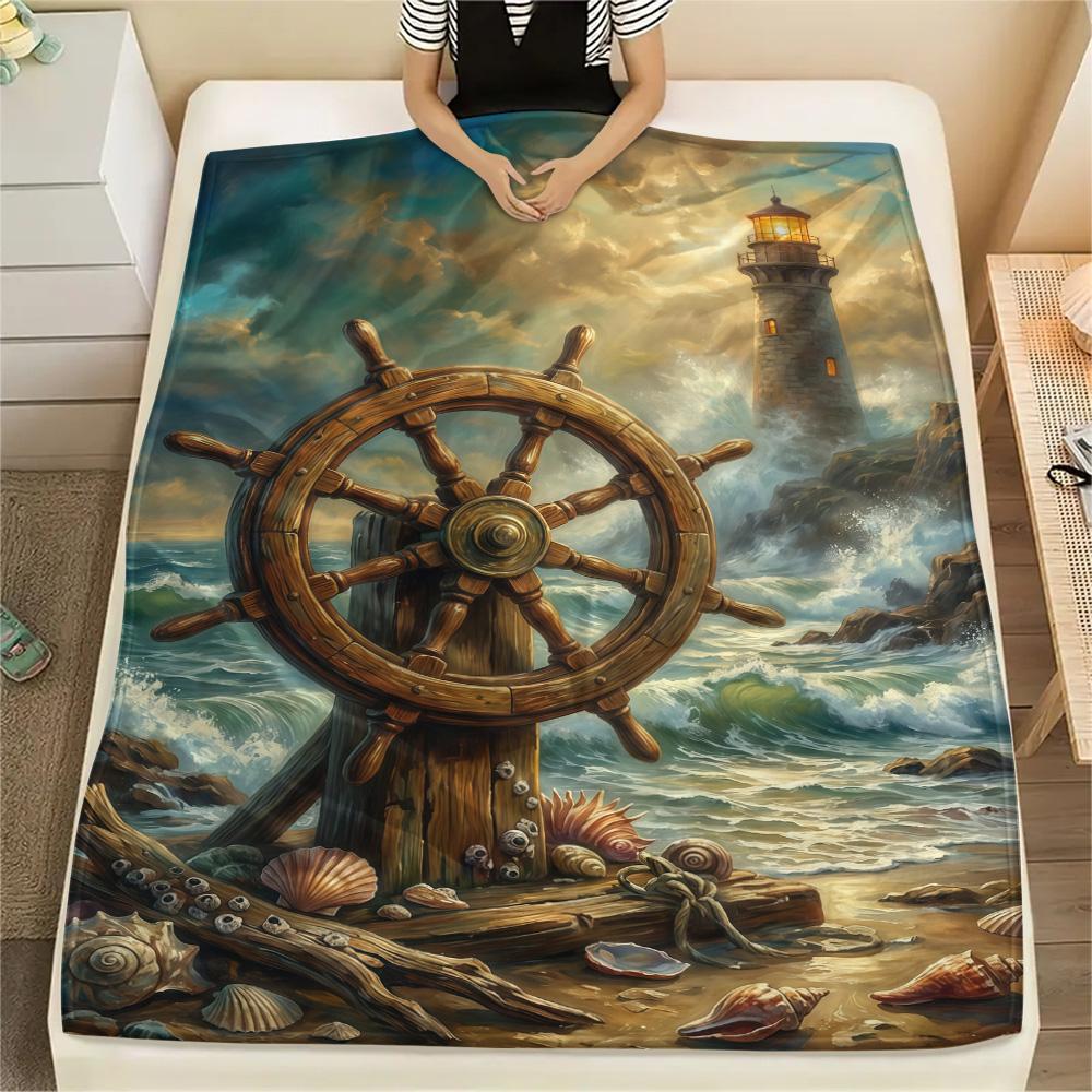 1PC Ships and seashells Print FlAannel Blanket, High quality Comfortable for All Seasons, Home Decor, Warmth and Comfort