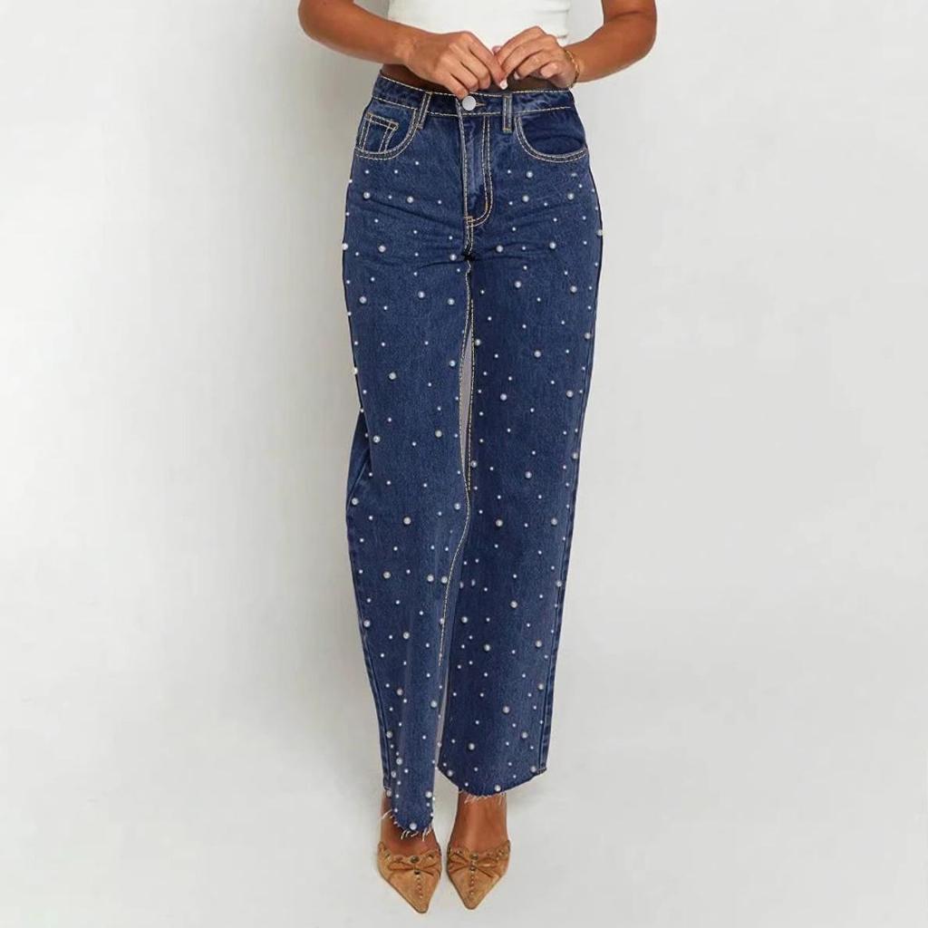 European & American Beaded Frayed Wide-Leg Cowboy Pants
