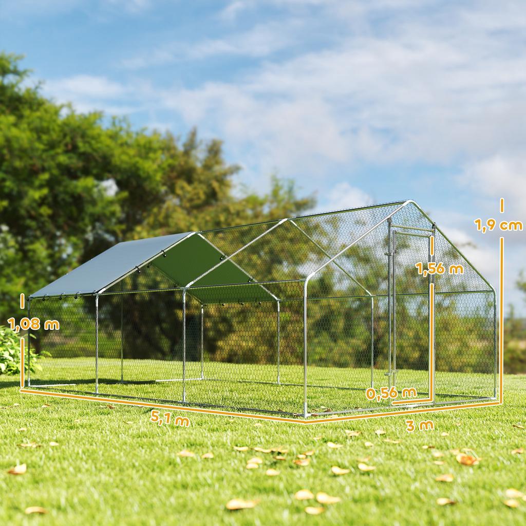 Large Outdoor Galvanized Steel Chicken Coop 5.1x3x1.9 M 15.3 M² With Oxford Cloth Cover And Lock Silver