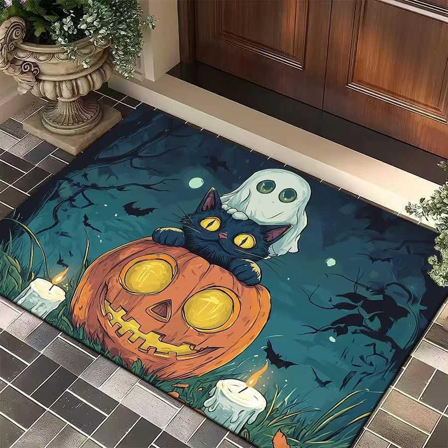 

Halloween Themed Door Mat With Cute Ghost Black Cat Pumpkin Patterns Non Slip Washable Entrance Rug For Home Decor Indoor 40x60cm