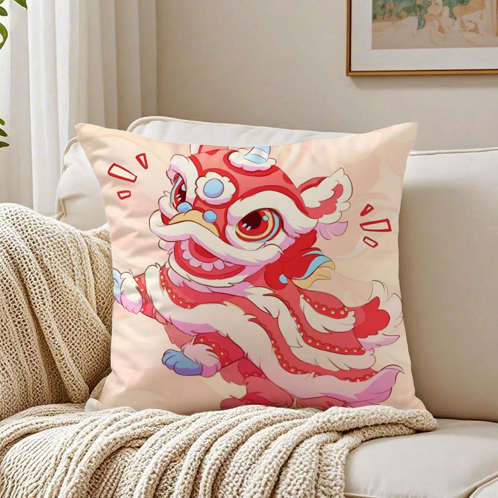Fashion Traditional Dancing Lions Anime Lucky Cushion Cover Linen Pillowcase Soft For Sofa Bed Home Room Decor