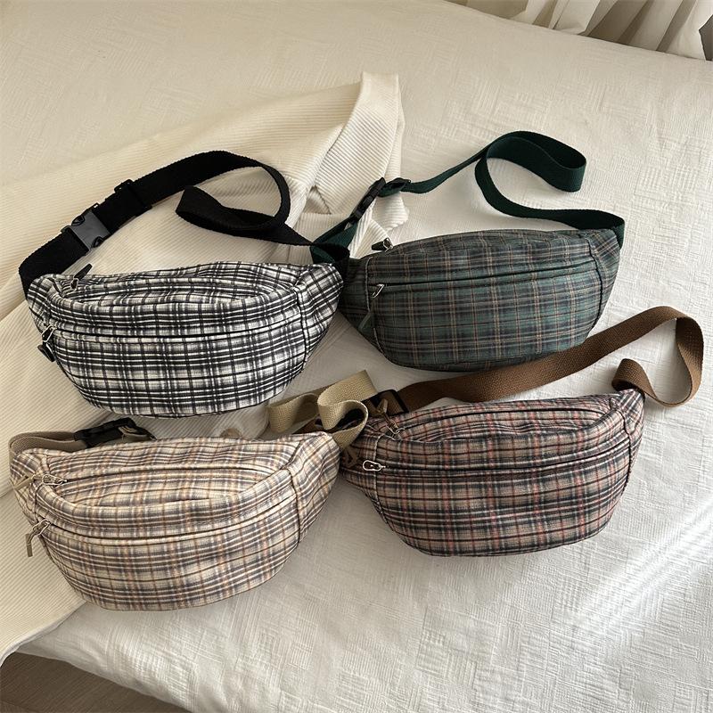 2025 Autumn New Retro College Style Plaid Foreign Style Personalized Plaid Trend Large Capacity Breast Bag Women's Fanny Pack
