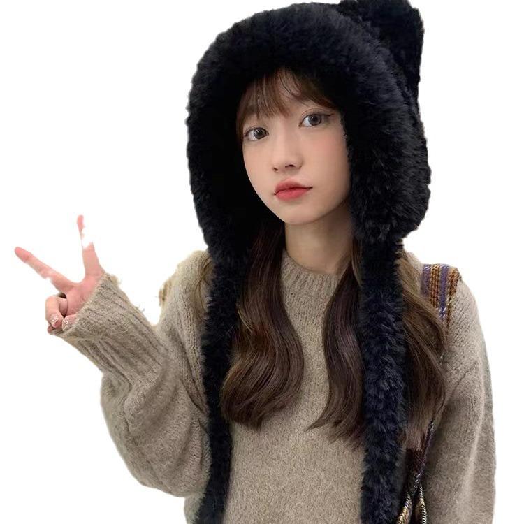 Cute Little Bear Knitted Hat for Women with Plush Thick Hat Plus Velvet Thick Ear Protection Wool Hat Cold Hat