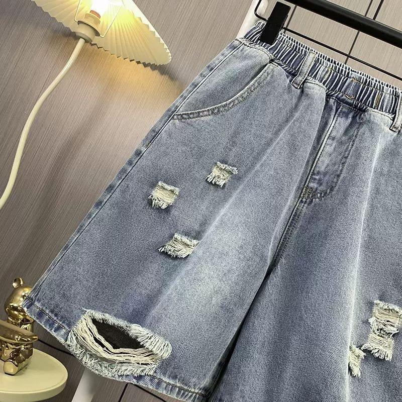 Summer Large Size High Waist Wide Legs Thin Ripped Denim Shorts Women's Casual Elastic Waist Waist Five-point Shorts Vintage Fray Loose Knee Culottes