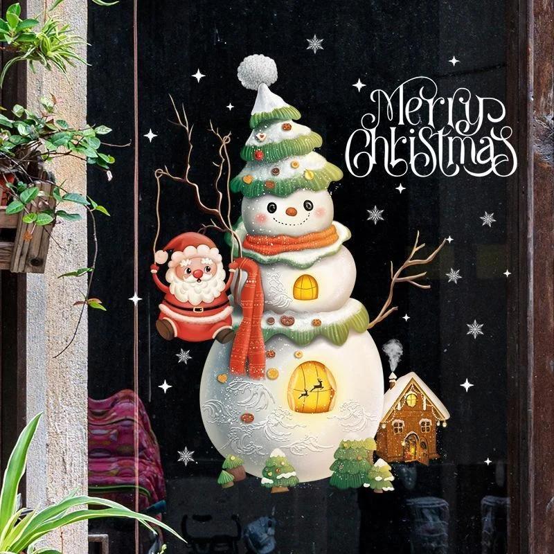 1 Pcs Christmas Window Glass Sticker Cartoon Snowman Pattern Home Living Room Wall Holiday Self-adhesive Decoration Accessories