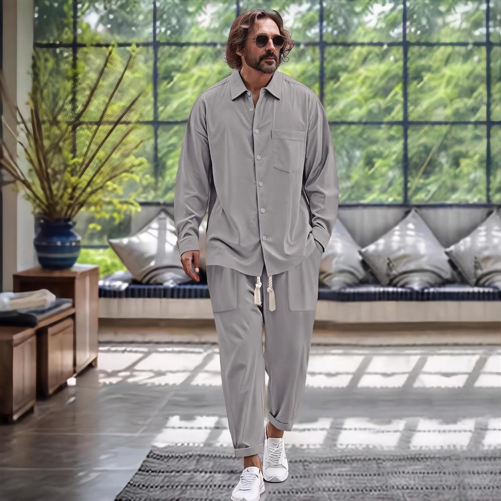 2024 Euro-American Fashion Men's Cotton Linen Shirt & Pants Autumn Sports Casual Set
