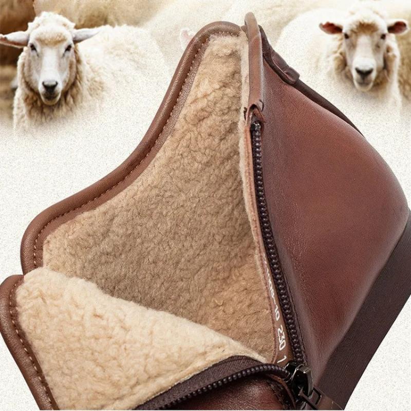Johnature Genuine Leather Plush Warm Cotton Shoes Round Toe Flat Ankle Boots Commuting Women's Shoes