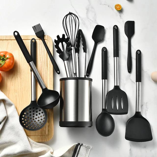 12Pcs Silicone Kitchenware Set Non Stick Stainless Steel Spatula Soup Spoon Kitchen Utensils Rotating Storage Bucket Eggbeater