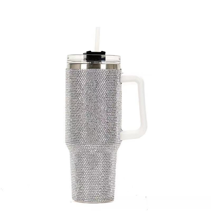 Rhinestone Handle Insulated Tumbler with Straw