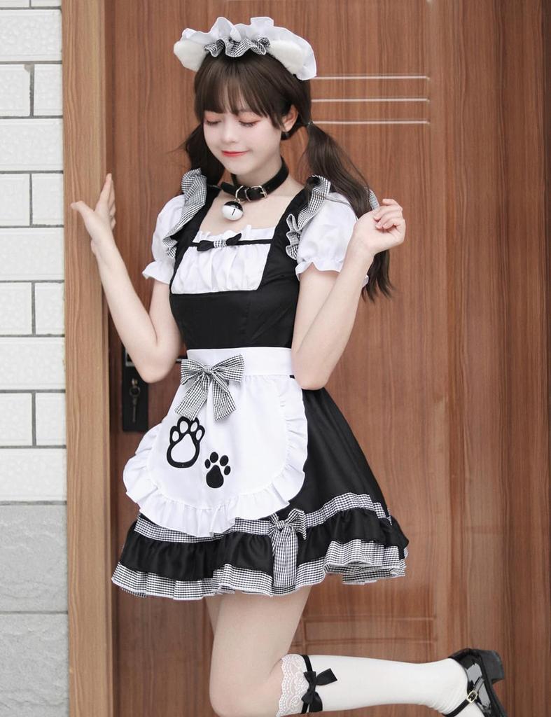 MEYOIJK Cute Checkered Maid Sexy Cat Maid Plus Cute Lolita Halloween Includes Cat Ear for Maid Cafes and School Festivals White Women's Costume,